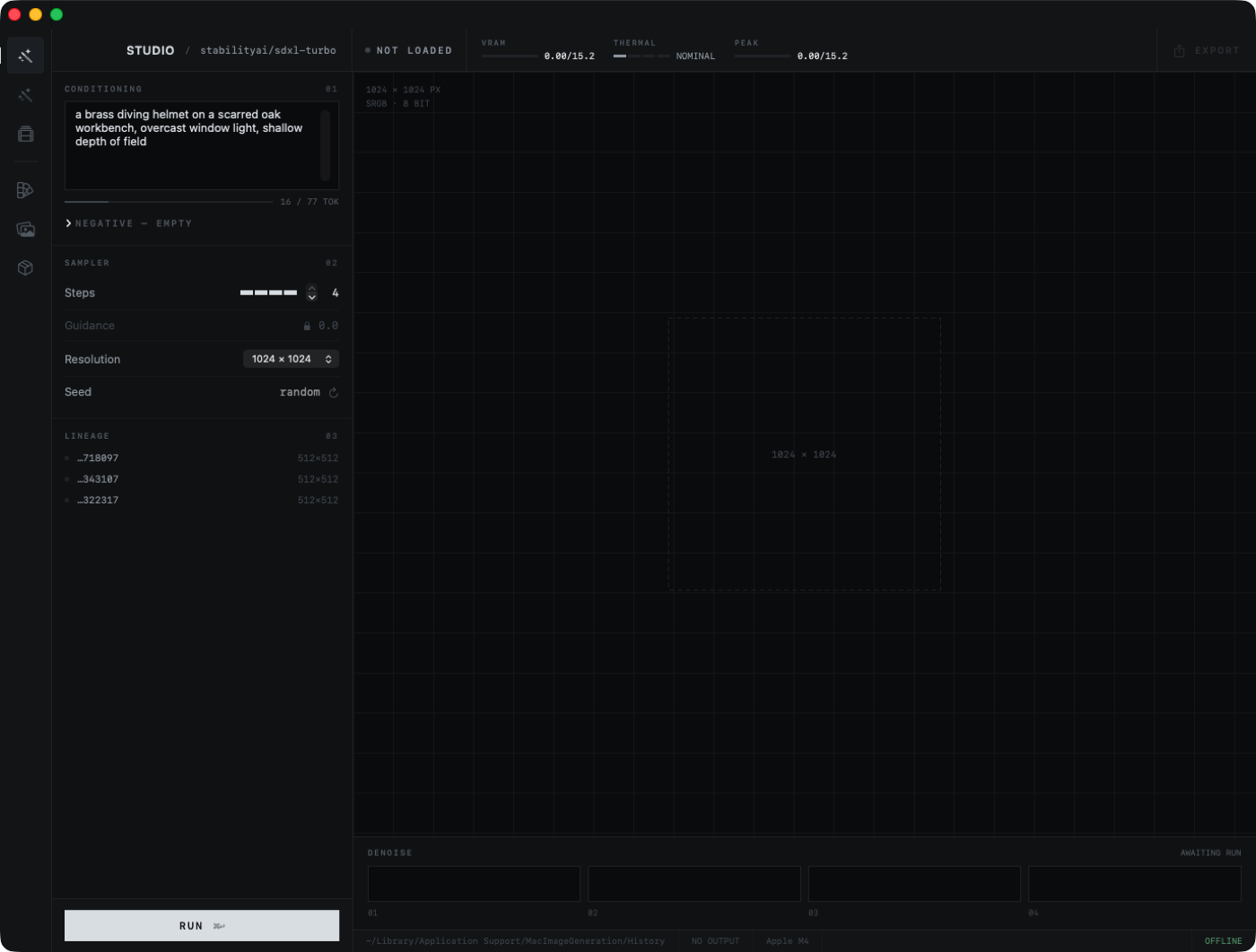 Creation Studio on macOS, with generation parameters, image canvas, and a module rail.