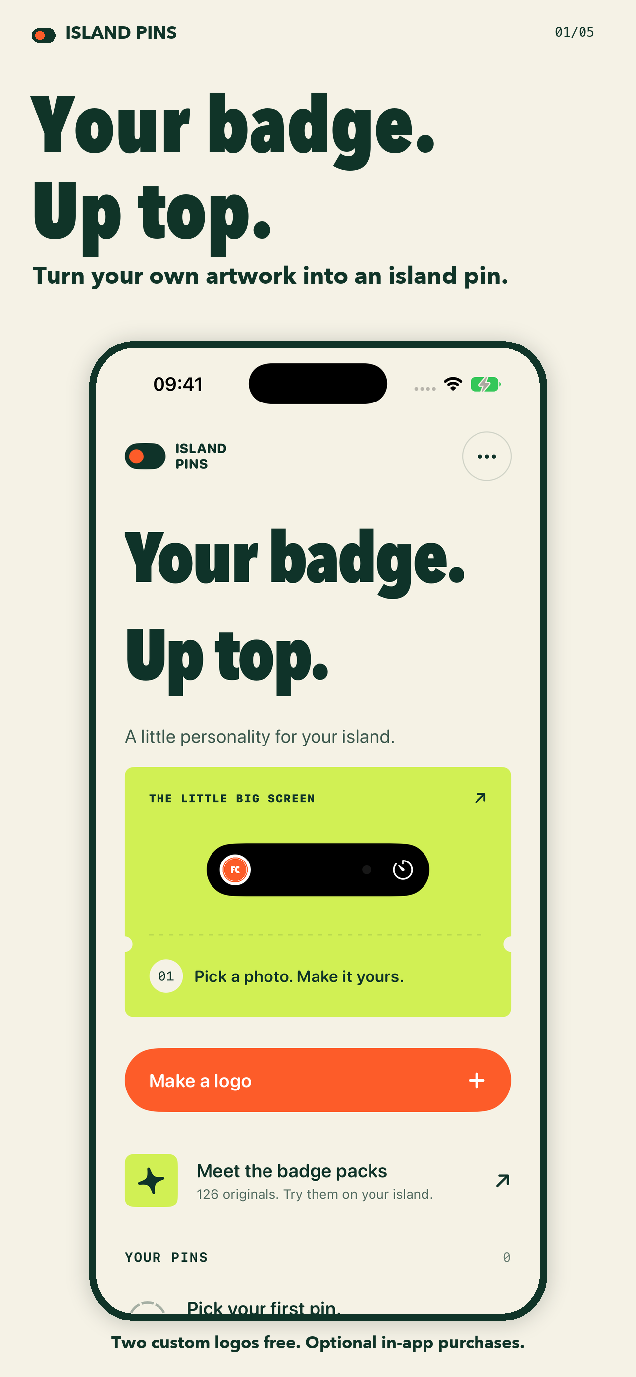 Island Pins home screen with a custom badge in a Dynamic Island preview