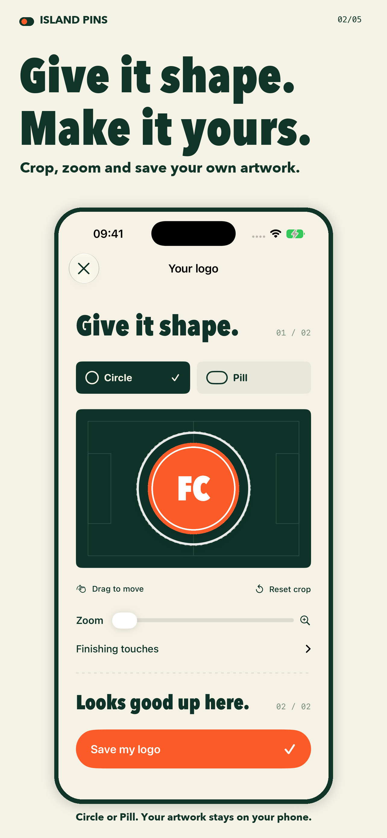 Island Pins image editor with Circle and Pill crops, outline and padding controls