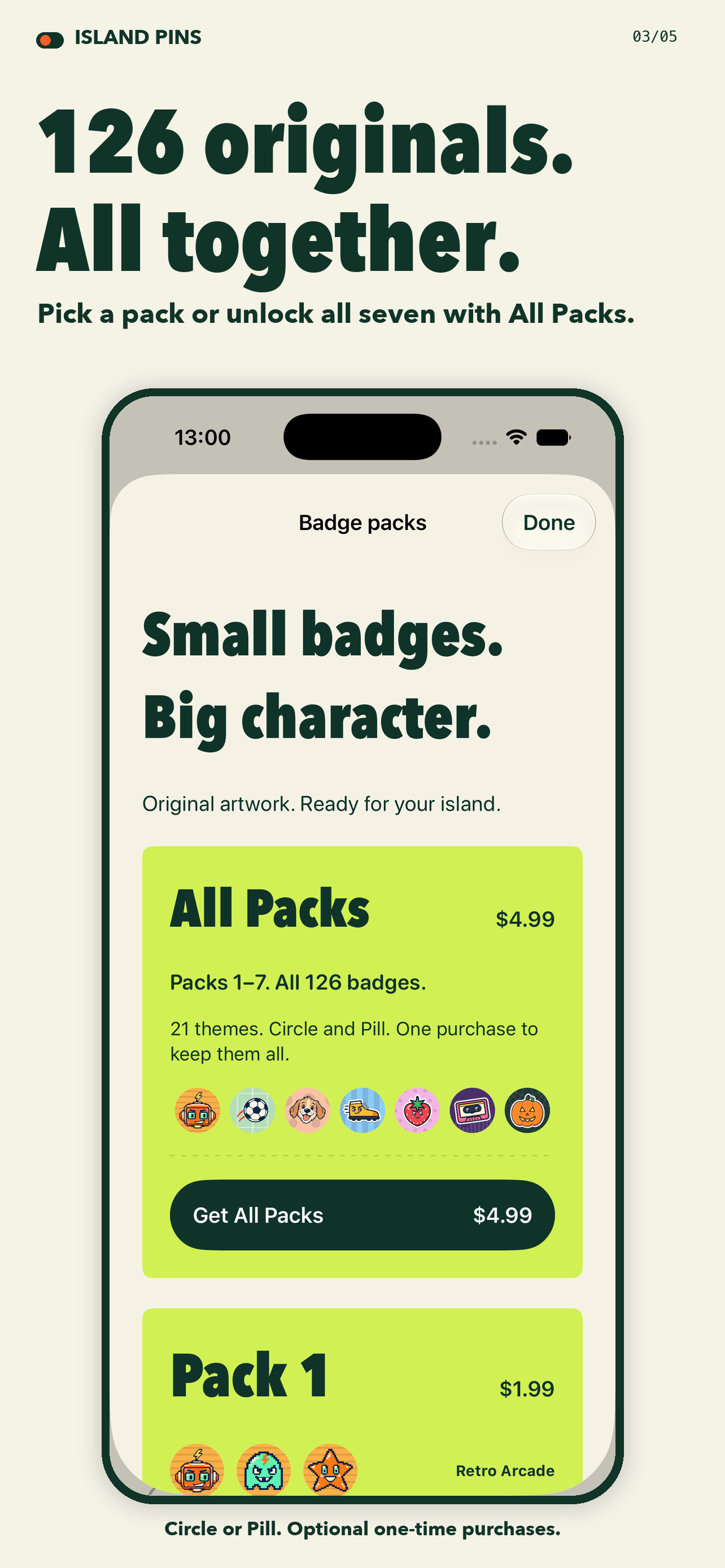 Island Pins shop with All Packs and seven original badge collections