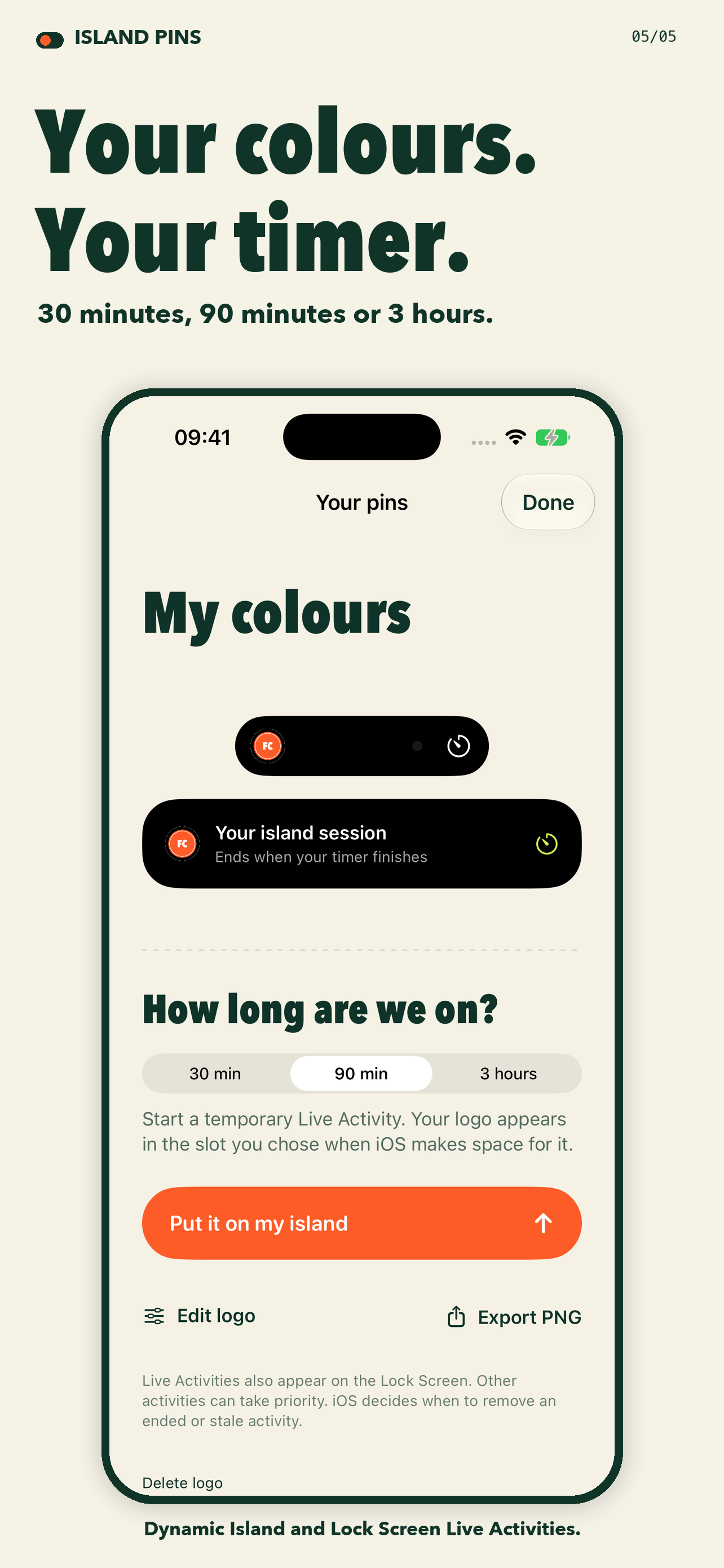Island Pins timed Live Activity with a badge and session countdown
