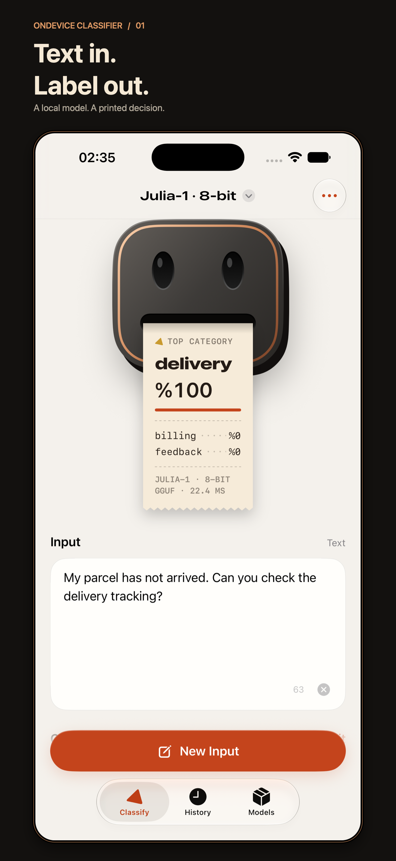 A completed text classification printed as a result ticket in OnDevice Classifier