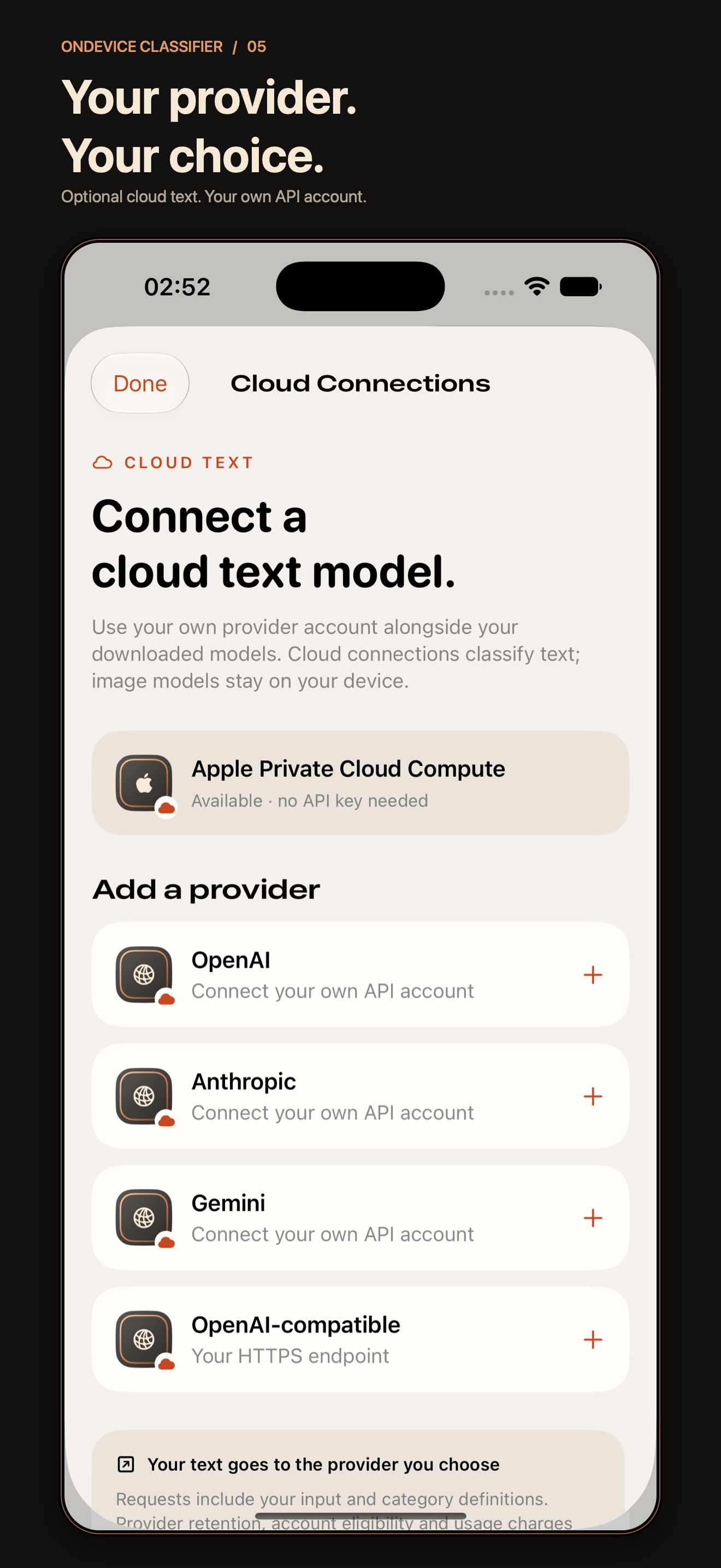 Optional OpenAI, Anthropic, Gemini and custom API connections