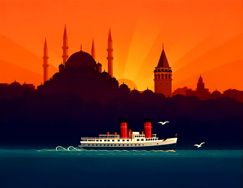 Istanbul, 1934, rendered on-device in Creation Studio with Qwen Image 2.1: a Bosphorus ferry passing the old city at sunset
