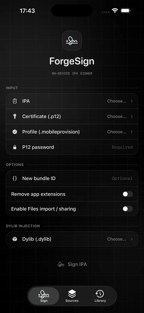 ForgeSign on iPhone: IPA, certificate, and provisioning profile selection